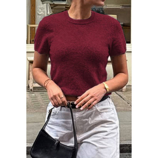 Solid Wool O Neck Knit Short Sleeve Shirt - AMVIM