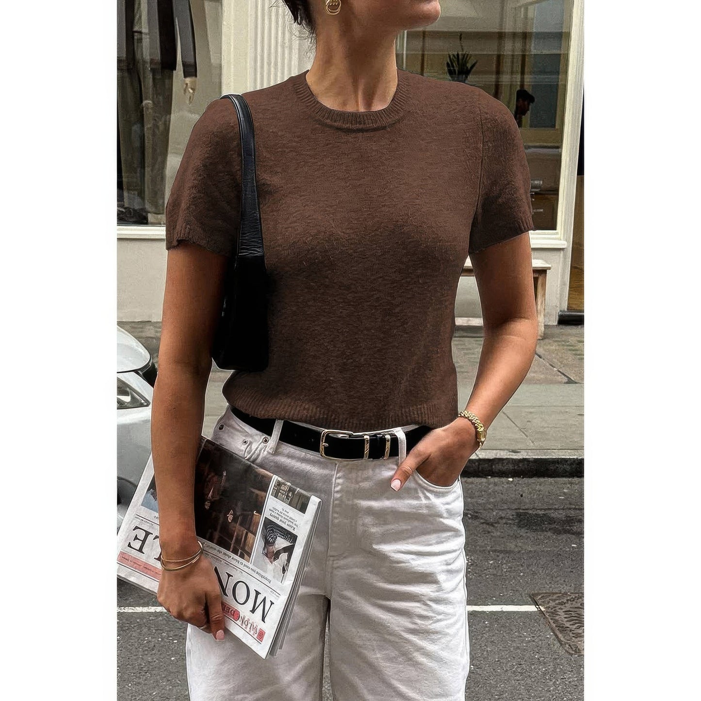 Solid Wool O Neck Knit Short Sleeve Shirt - AMVIM