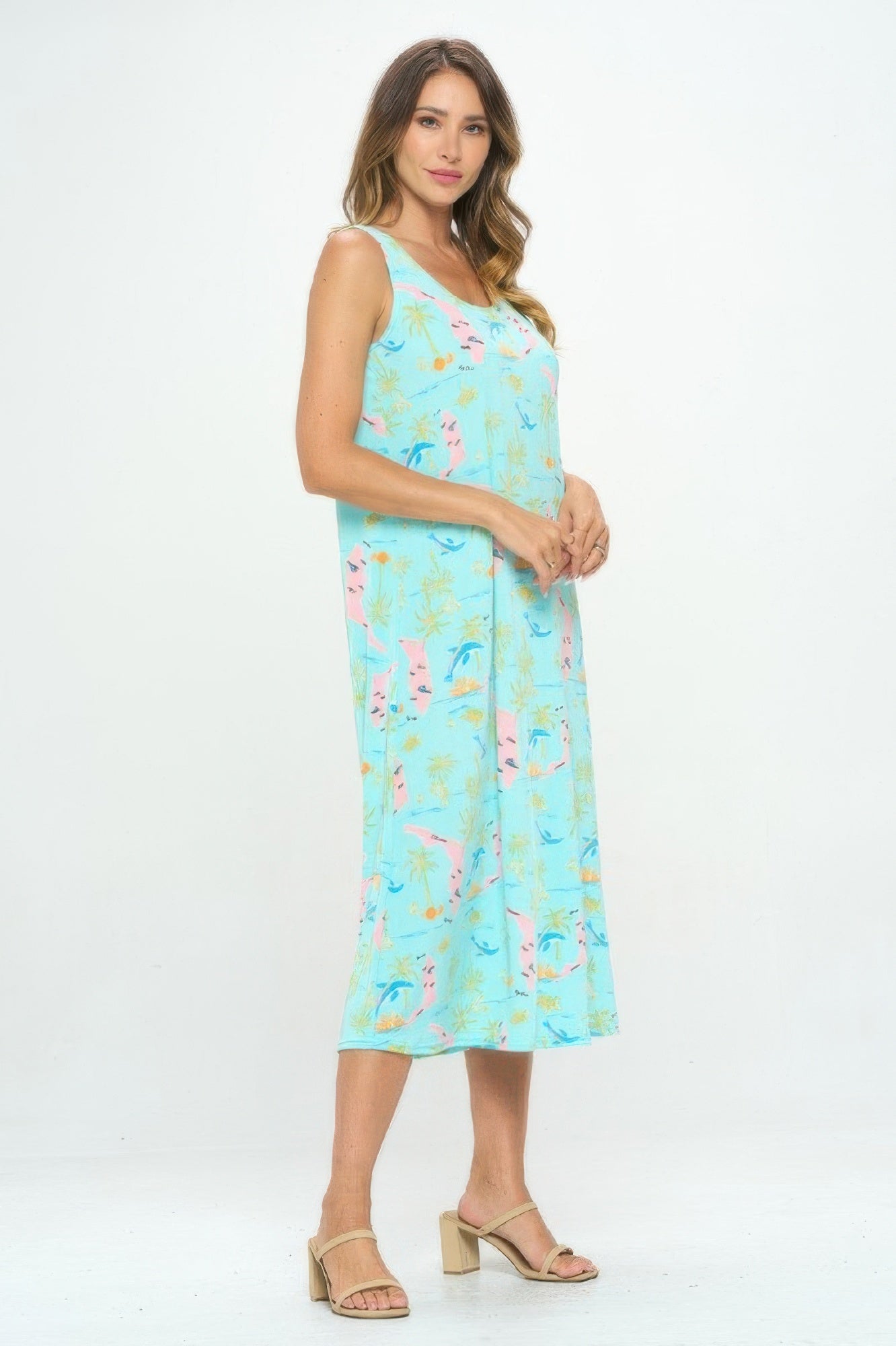AMVIM - Women's Florida Print Long Tank Dress with Scoop Neckline