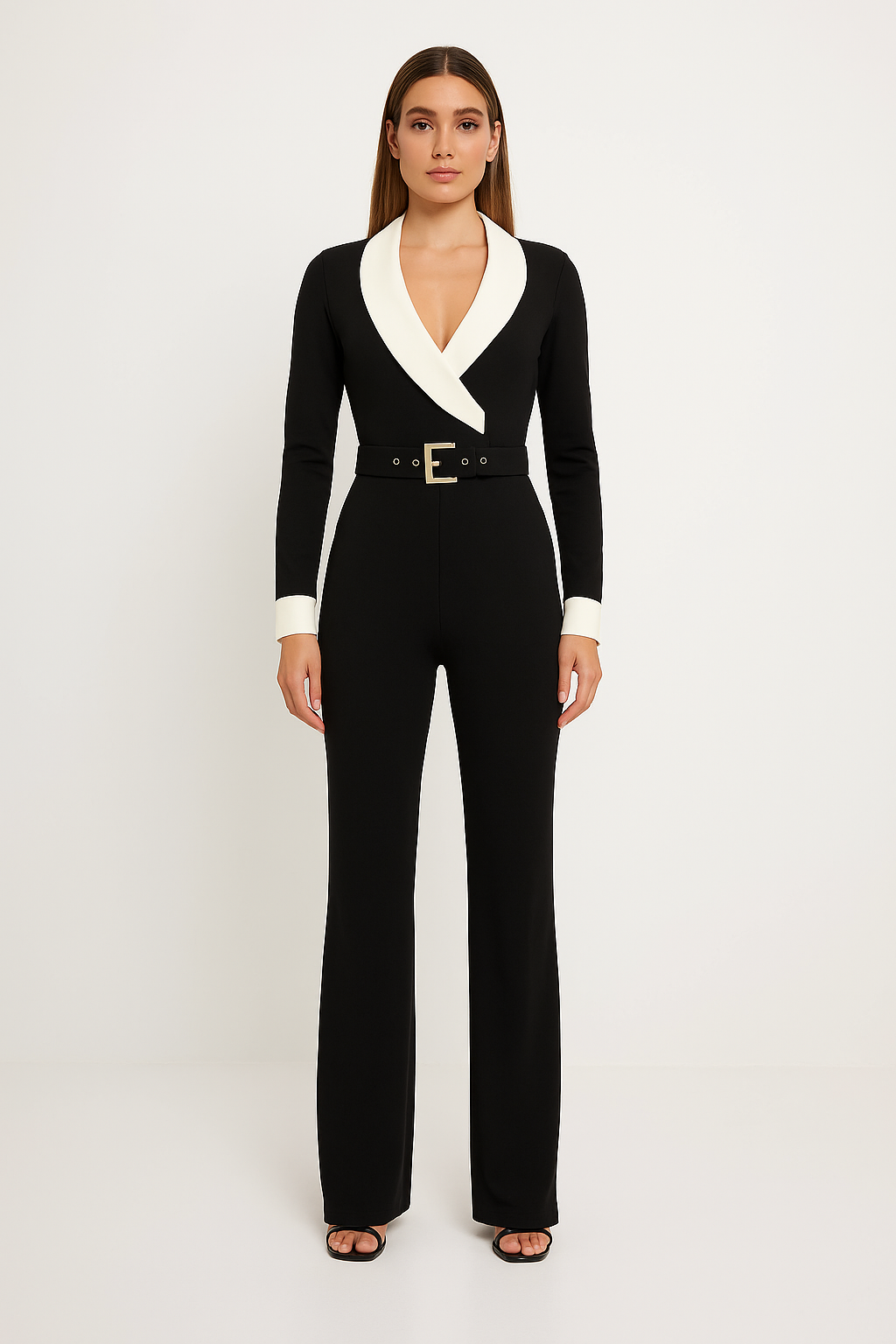 Women's Long Sleeve Elegant Jumpsuit with Contrast Design
