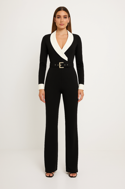 Women's Long Sleeve Elegant Jumpsuit with Contrast Design