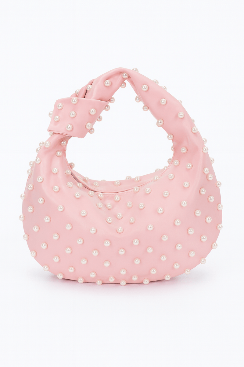Bag Satin Pearl‑Studded Compact Shoulder Bag – Pink Satin - AMVIM
