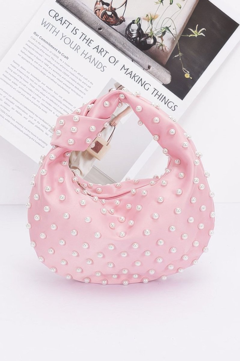 Bag Satin Pearl‑Studded Compact Shoulder Bag – Pink Satin - AMVIM