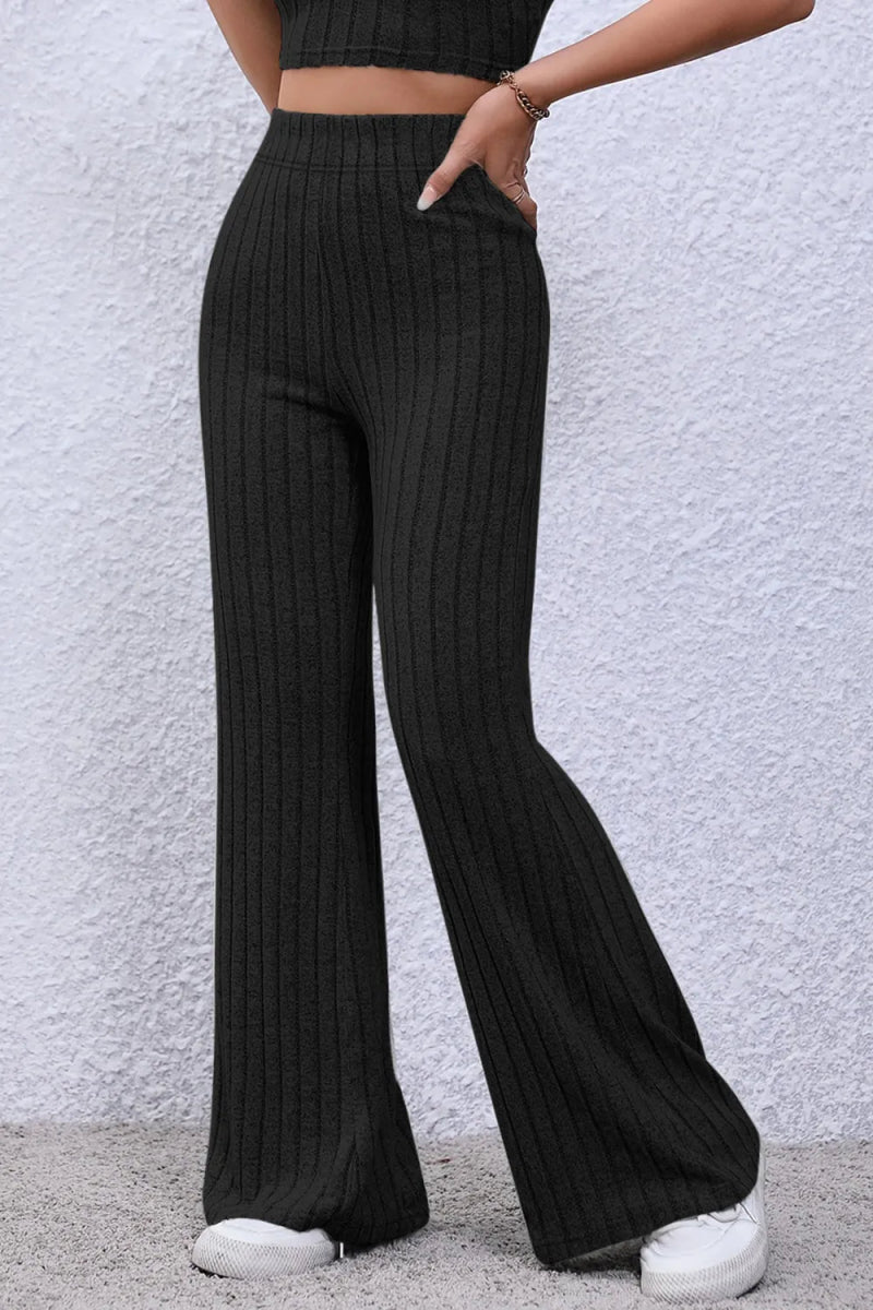 Basic Bae Full Size Ribbed High Waist Flare Pants - AMVIM