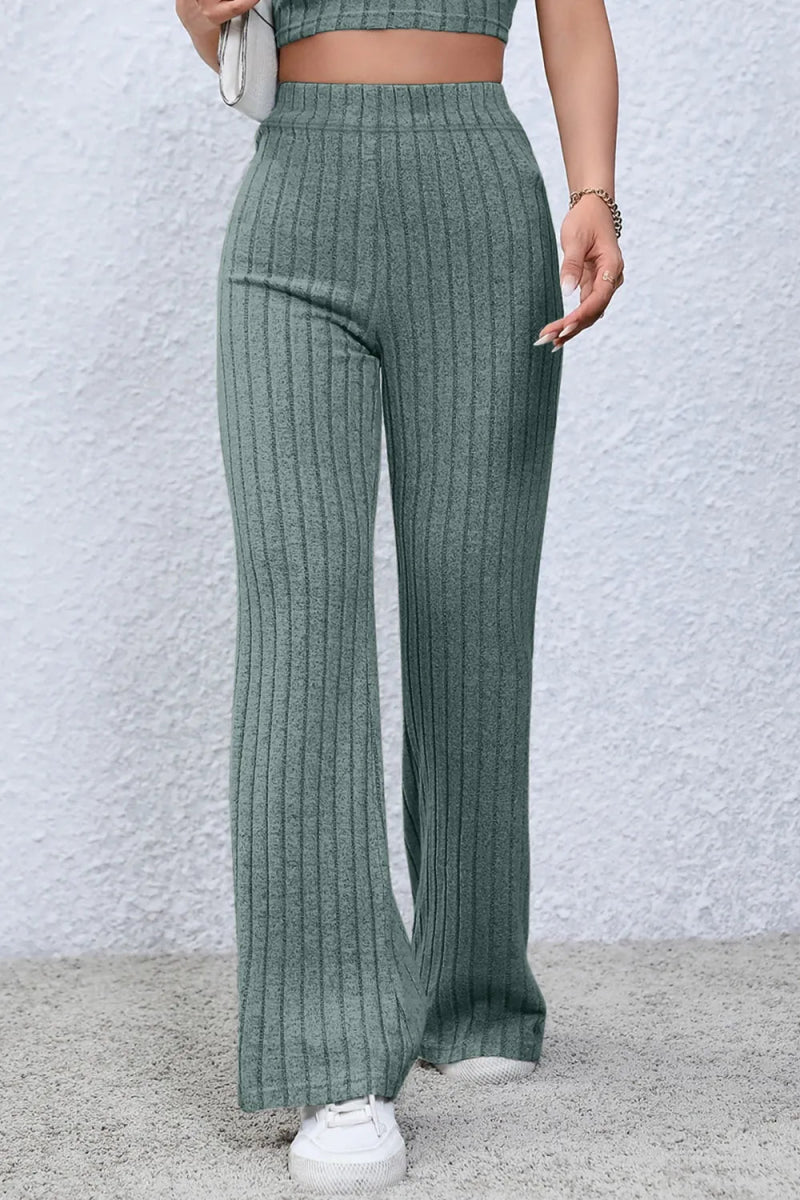Basic Bae Full Size Ribbed High Waist Flare Pants - AMVIM