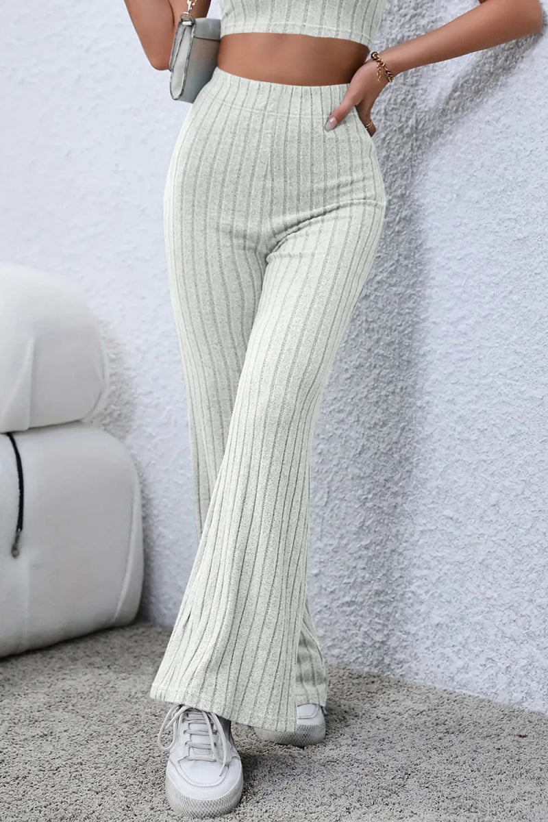 Basic Bae Full Size Ribbed High Waist Flare Pants - AMVIM