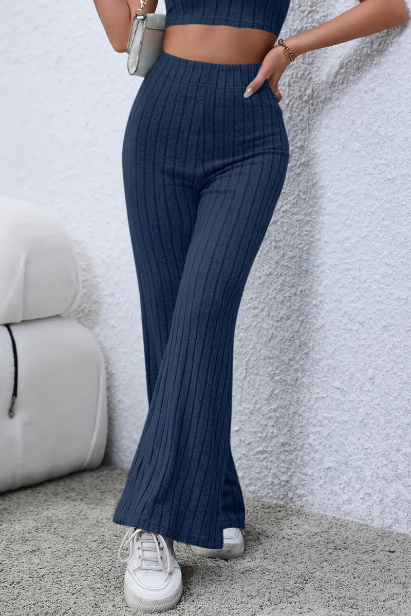 Basic Bae Full Size Ribbed High Waist Flare Pants - AMVIM