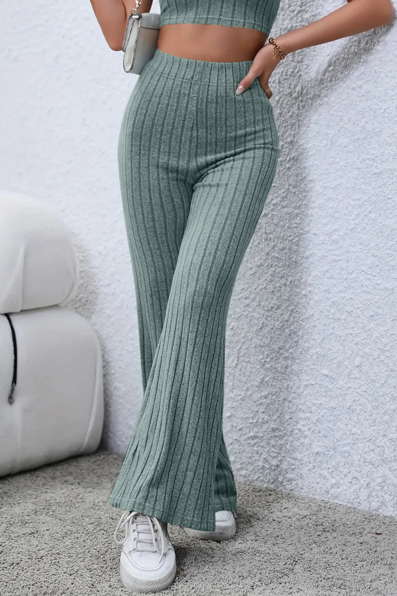 Basic Bae Full Size Ribbed High Waist Flare Pants - AMVIM