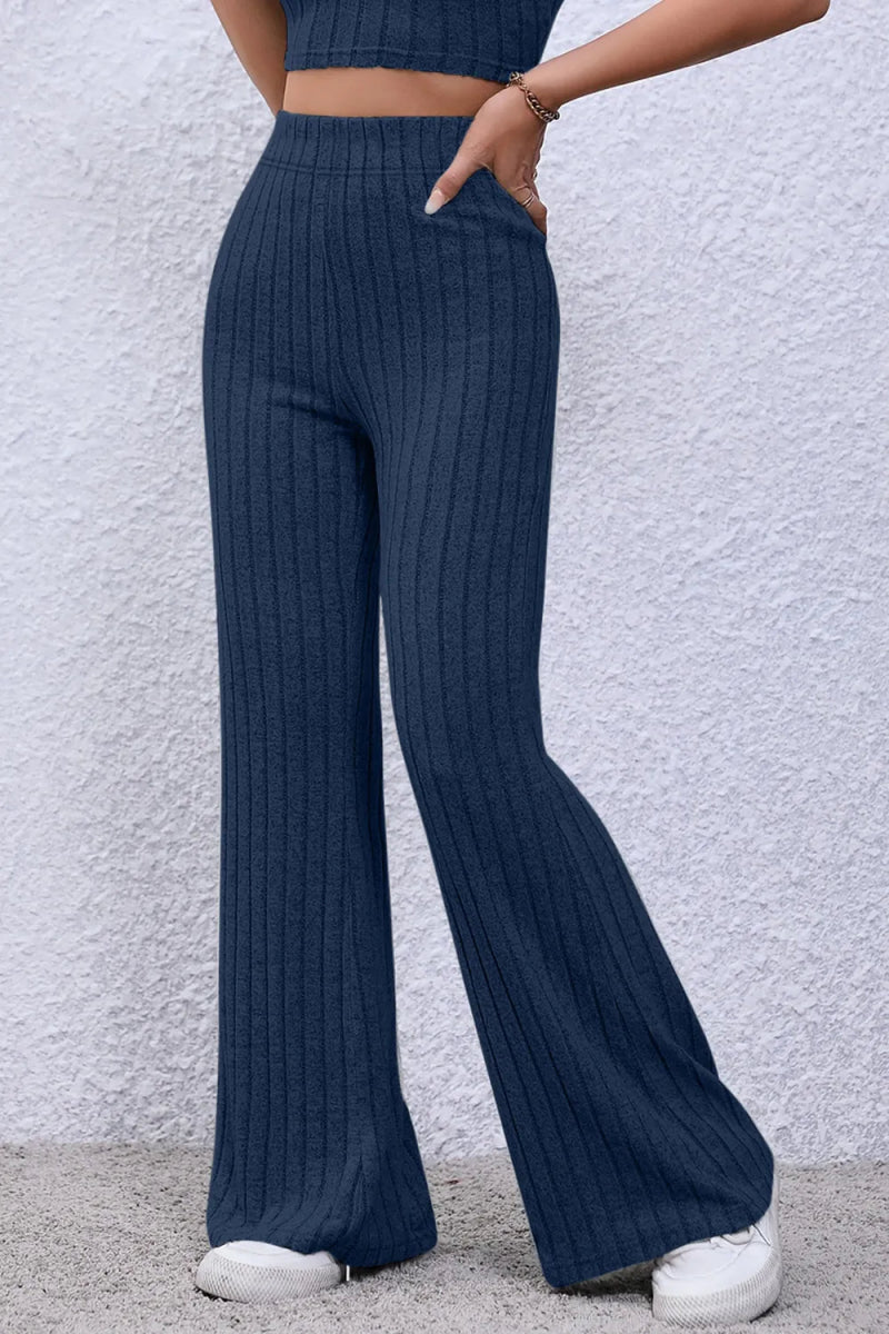 Basic Bae Full Size Ribbed High Waist Flare Pants - AMVIM