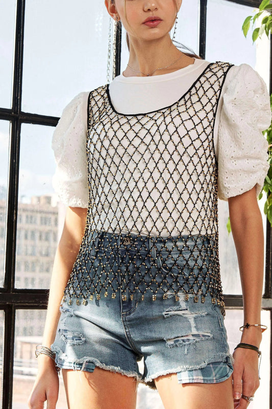 Beaded Fishnet Tank Top Statement Layer for Bold Looks - AMVIM