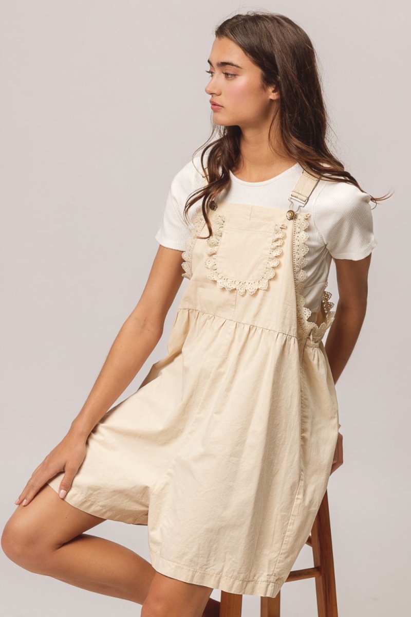 BiBi Back Patch Pocket Lace Trim Rompers - AMVIM