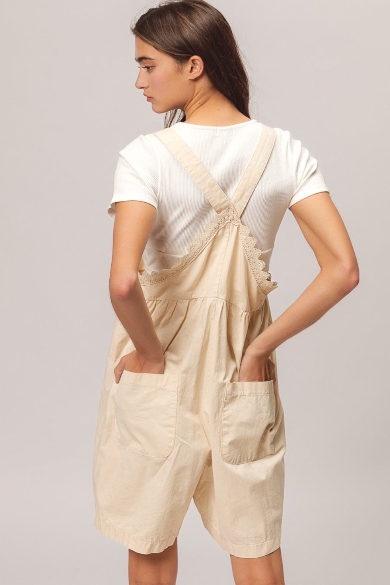 BiBi Back Patch Pocket Lace Trim Rompers - AMVIM