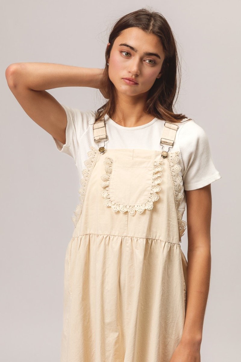 BiBi Back Patch Pocket Lace Trim Rompers - AMVIM