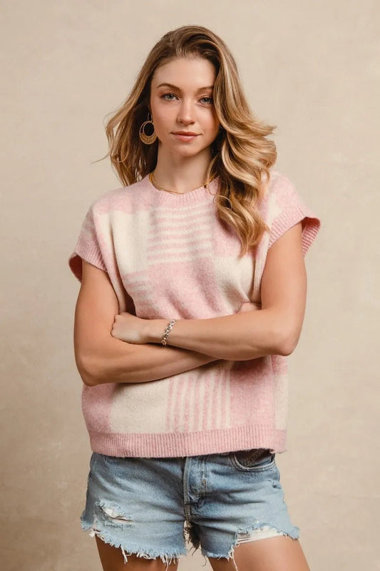 BiBi Checker With Stripes Pattern Sleeveless Sweater - AMVIM