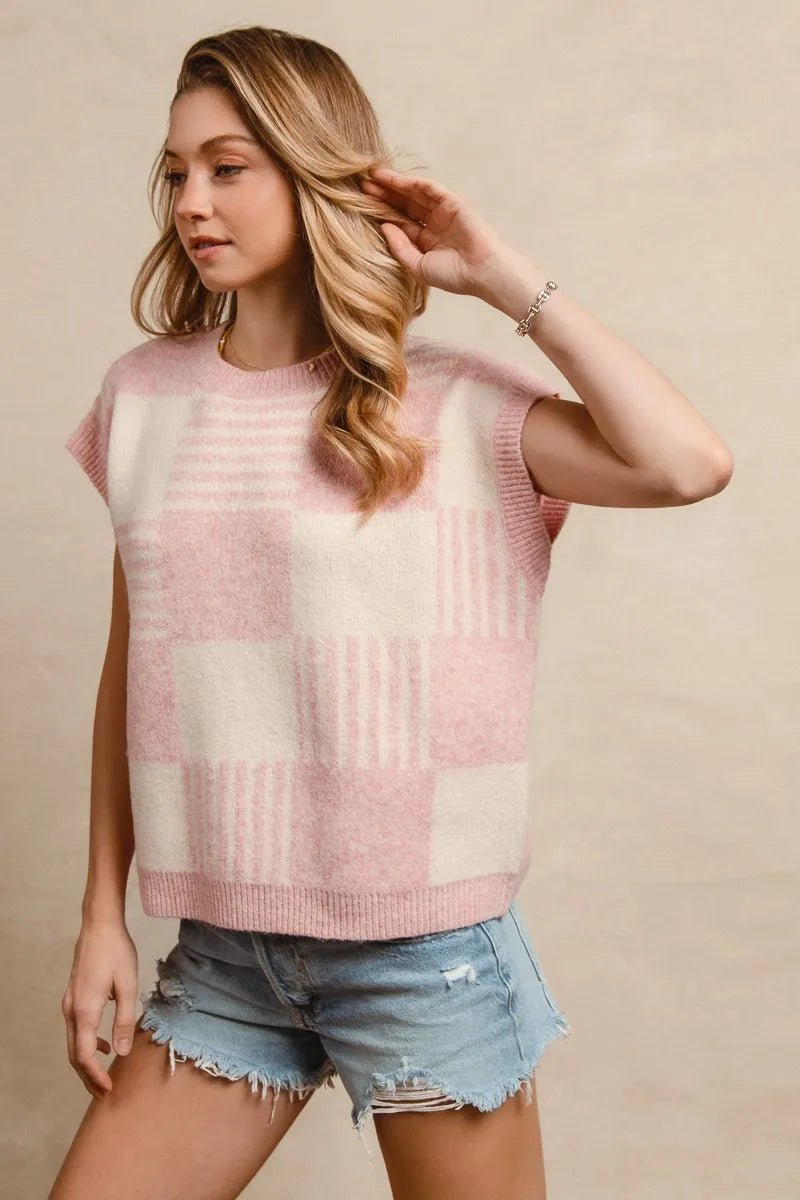 BiBi Checker With Stripes Pattern Sleeveless Sweater - AMVIM