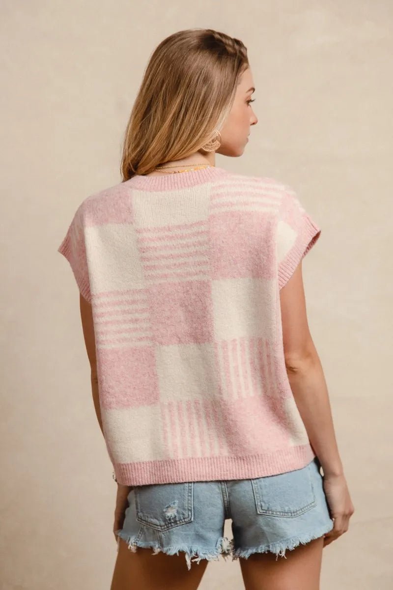 BiBi Checker With Stripes Pattern Sleeveless Sweater - AMVIM
