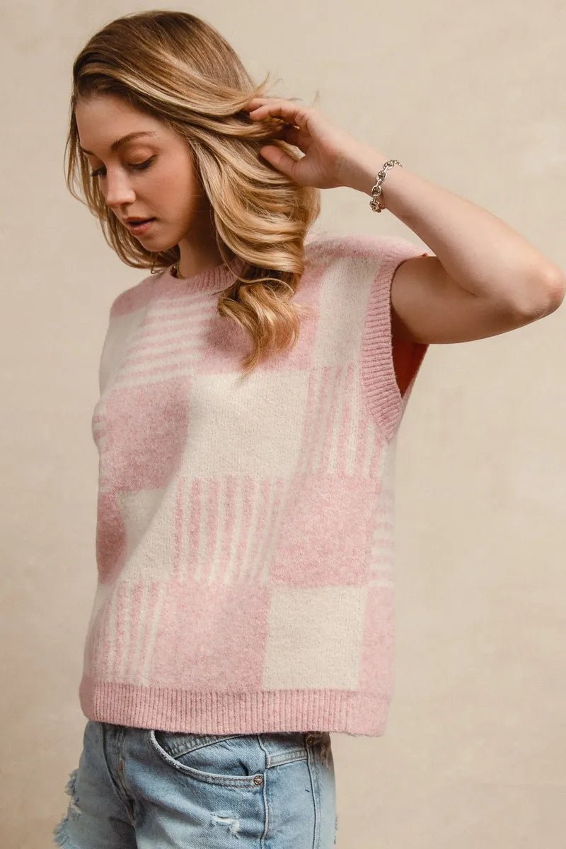 BiBi Checker With Stripes Pattern Sleeveless Sweater - AMVIM
