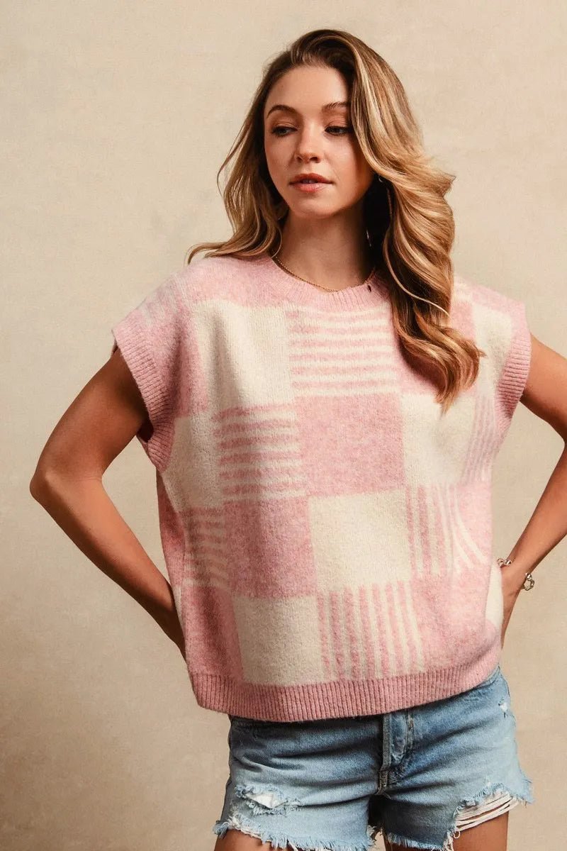 BiBi Checker With Stripes Pattern Sleeveless Sweater - AMVIM