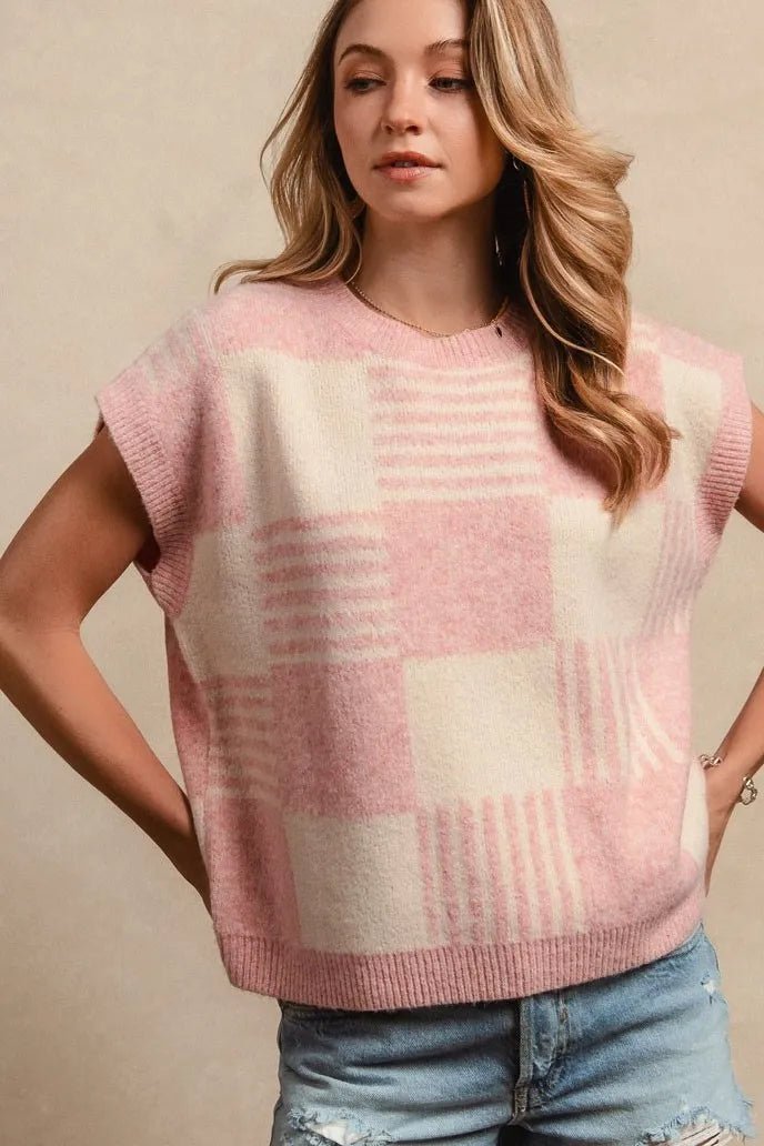 BiBi Checker With Stripes Pattern Sleeveless Sweater - AMVIM