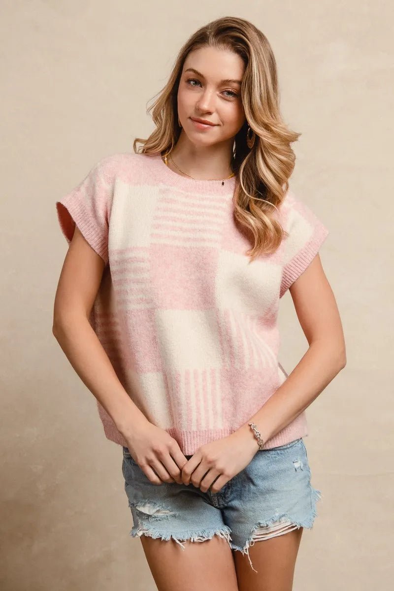 BiBi Checker With Stripes Pattern Sleeveless Sweater - AMVIM