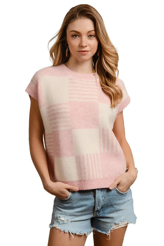 BiBi Checker With Stripes Pattern Sleeveless Sweater - AMVIM