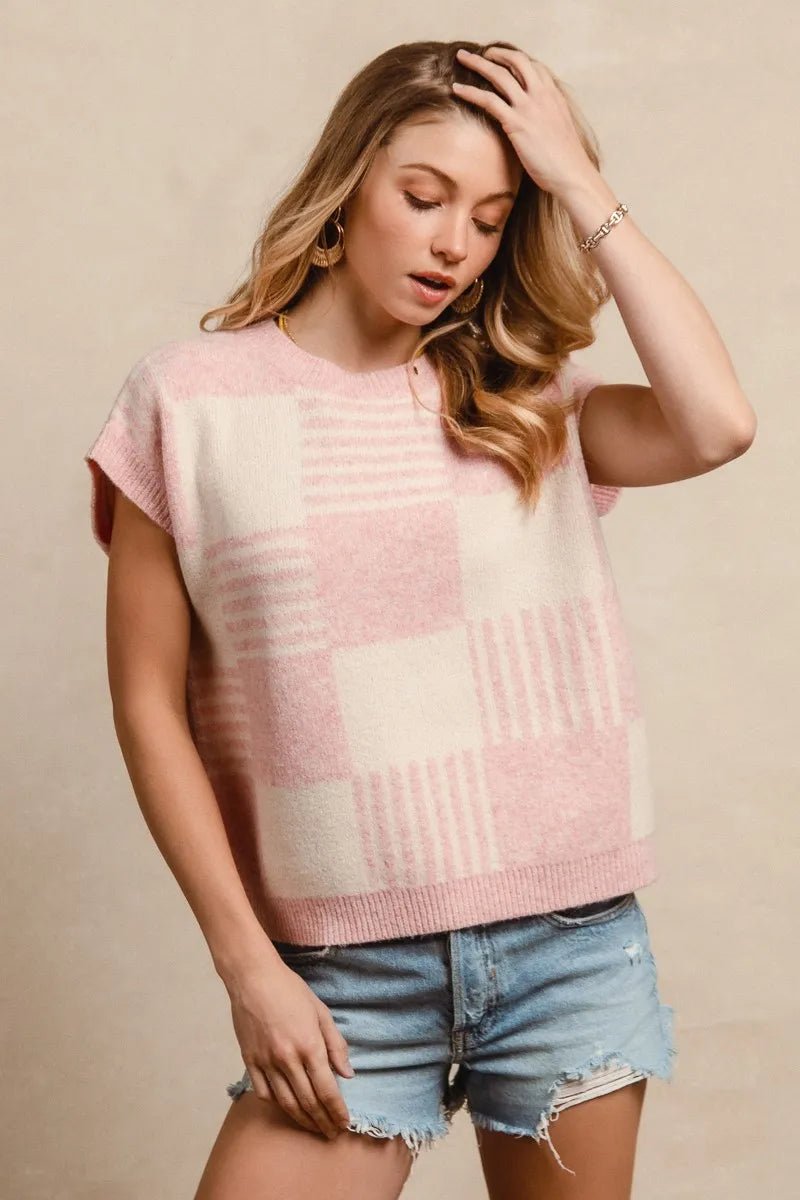BiBi Checker With Stripes Pattern Sleeveless Sweater - AMVIM