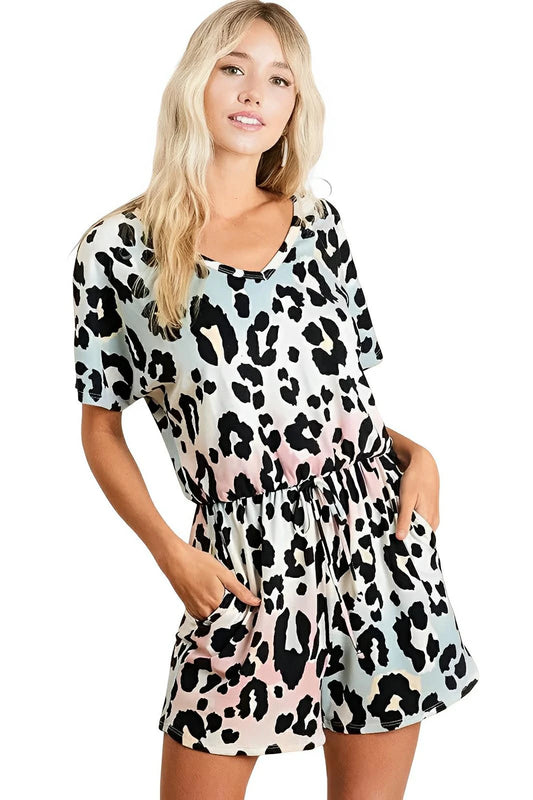 BiBi Gradation Leopard Soft Knit V - neck Romper - AMVIM