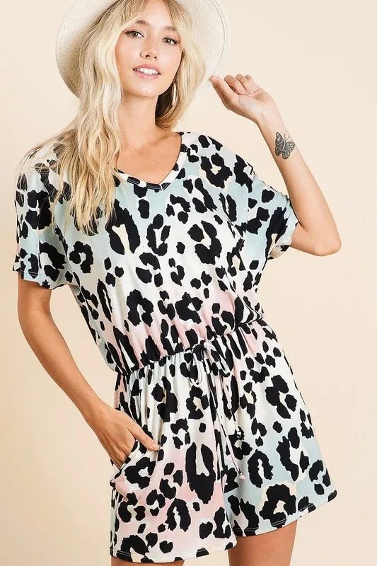 BiBi Gradation Leopard Soft Knit V - neck Romper - AMVIM