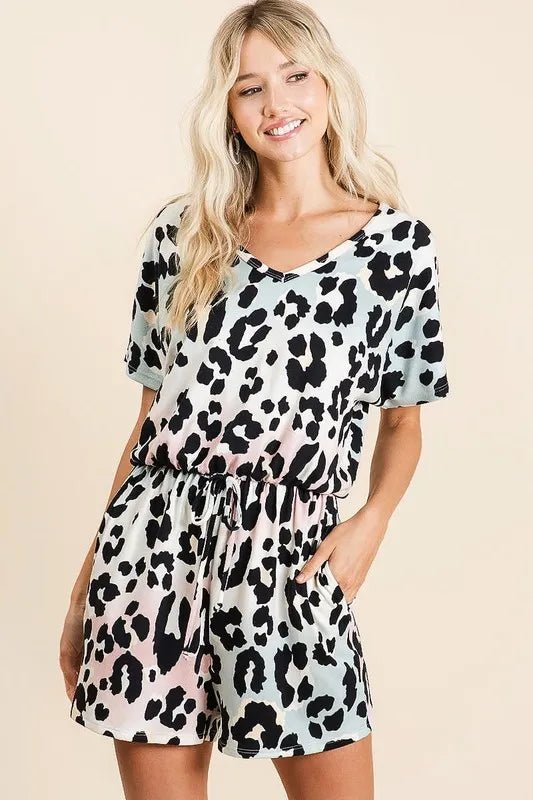 BiBi Gradation Leopard Soft Knit V - neck Romper - AMVIM