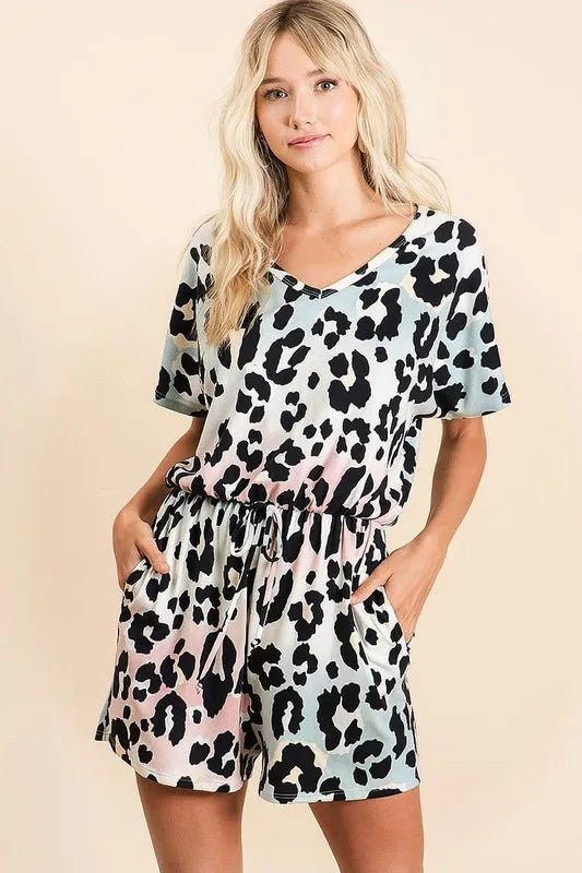 BiBi Gradation Leopard Soft Knit V - neck Romper - AMVIM