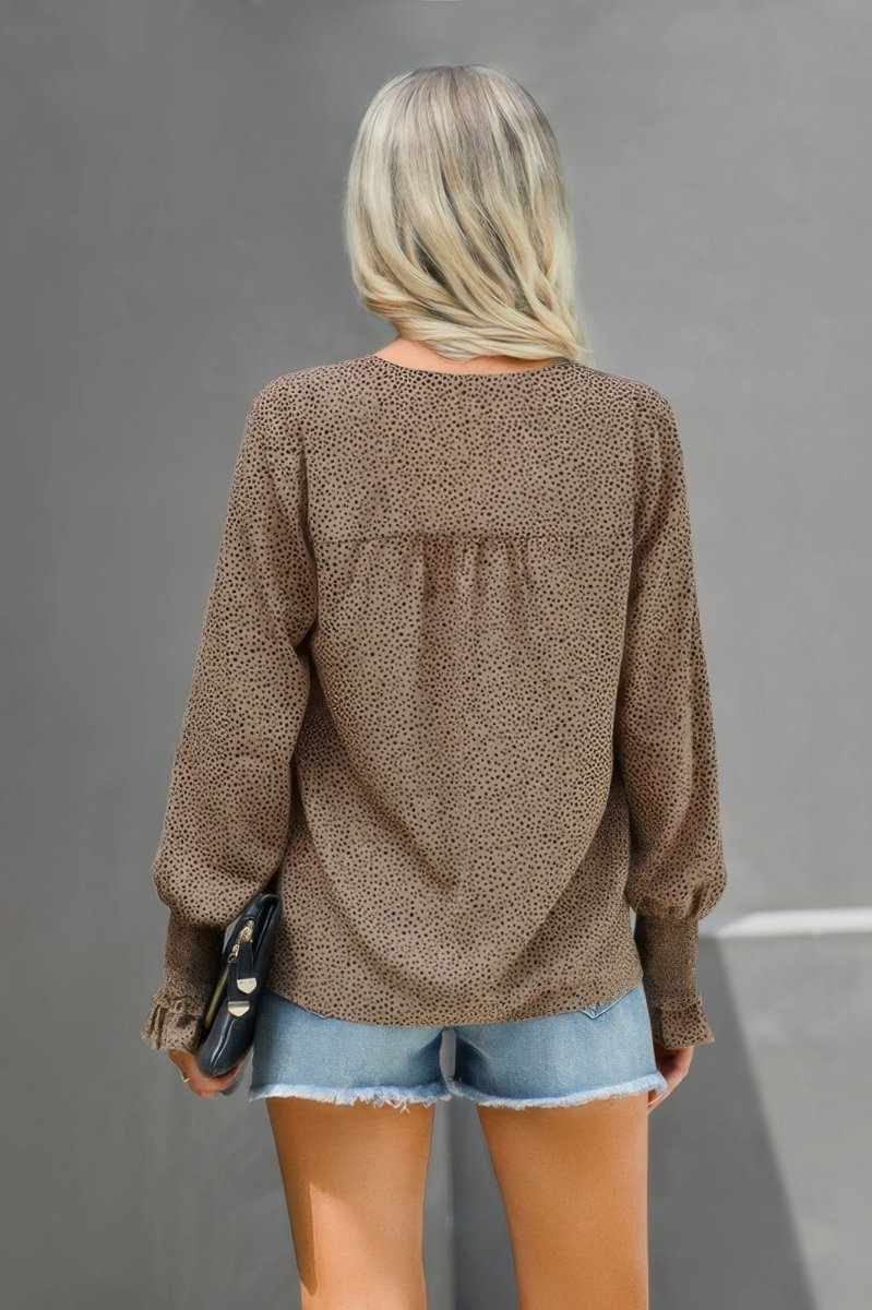 Blouse Brown Dot Ruffle Sleeve V Neck Loose Fit Fall Casual - AMVIM