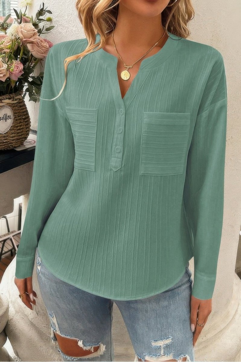 Blouse Drop Shoulder V - Neck Button Lightweight Daily Top - AMVIM