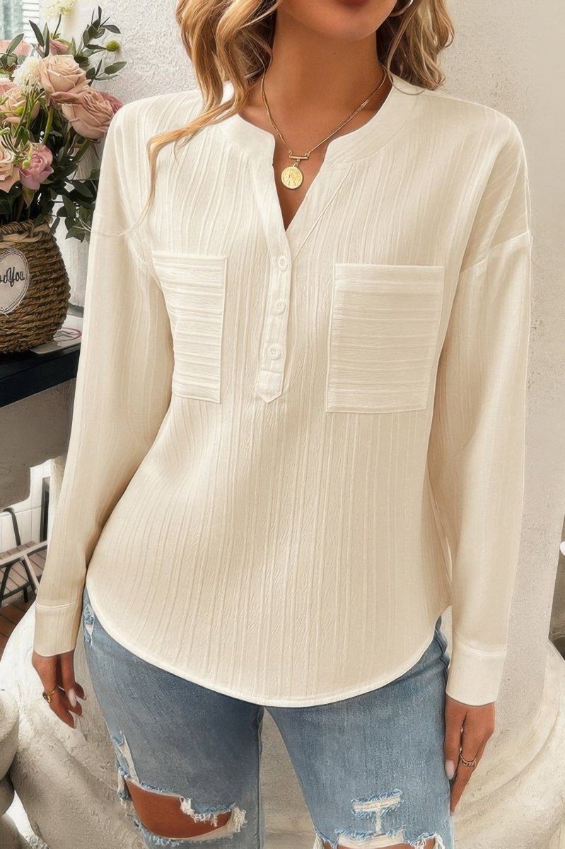 Blouse Drop Shoulder V - Neck Button Lightweight Daily Top - AMVIM