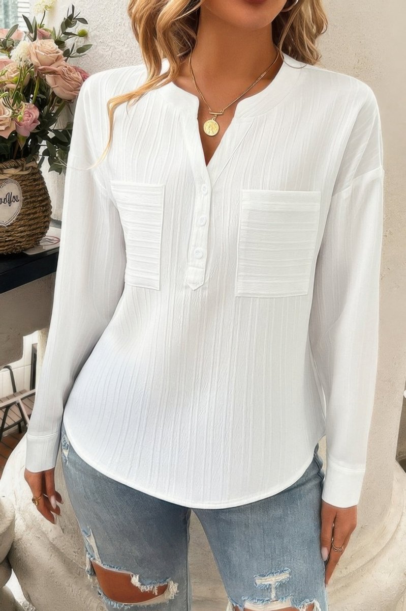 Blouse Drop Shoulder V - Neck Button Lightweight Daily Top - AMVIM