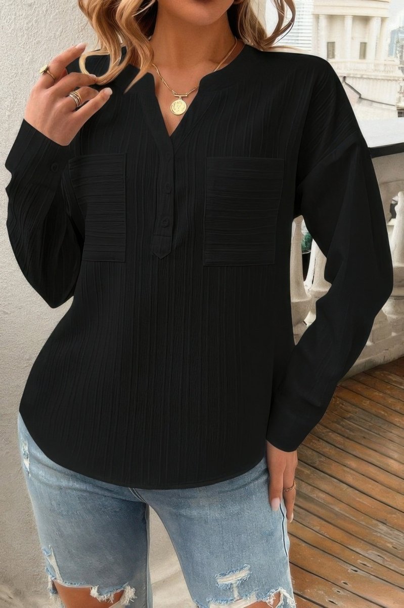 Blouse Drop Shoulder V - Neck Button Lightweight Daily Top - AMVIM