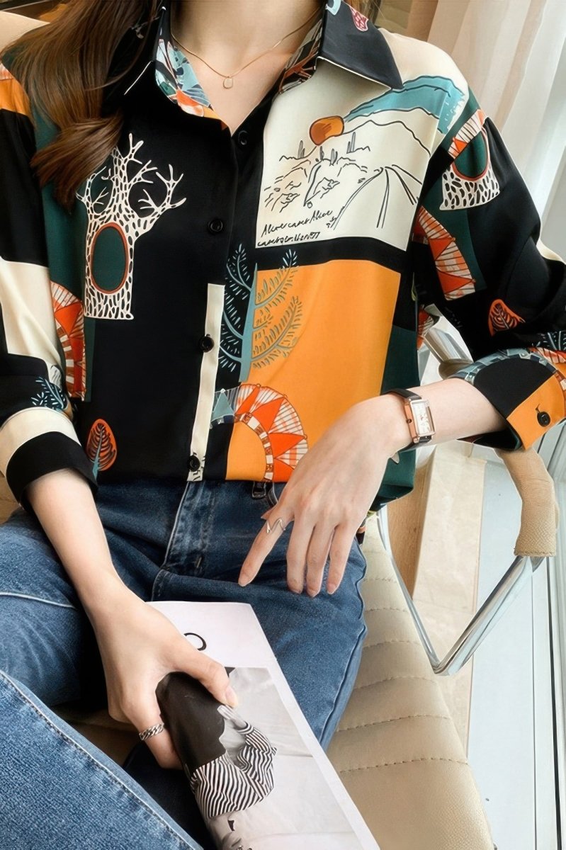 Blouse loose fit chain print drop shoulder summer top - AMVIM