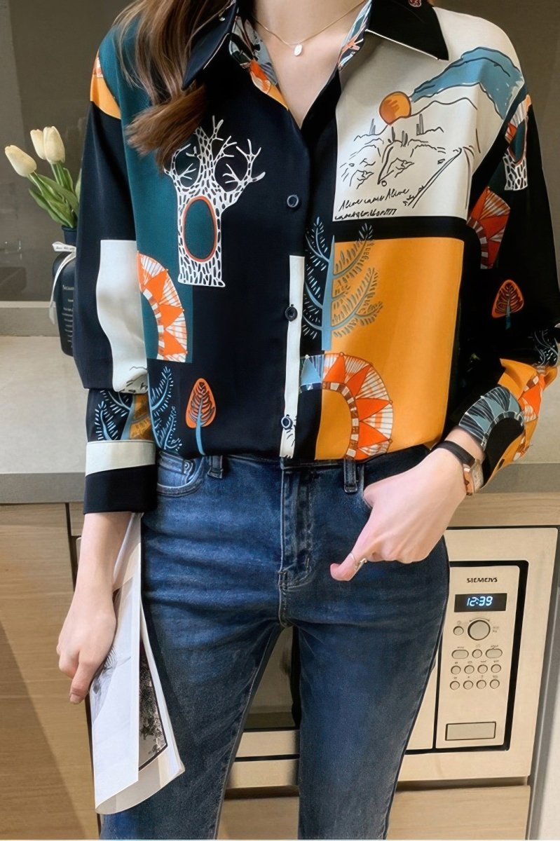 Blouse loose fit chain print drop shoulder summer top - AMVIM