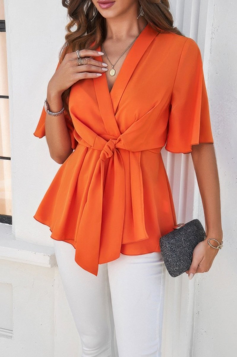 Blouse V - Neck Peplum Tie Front Short Bell Sleeve Shirt - AMVIM