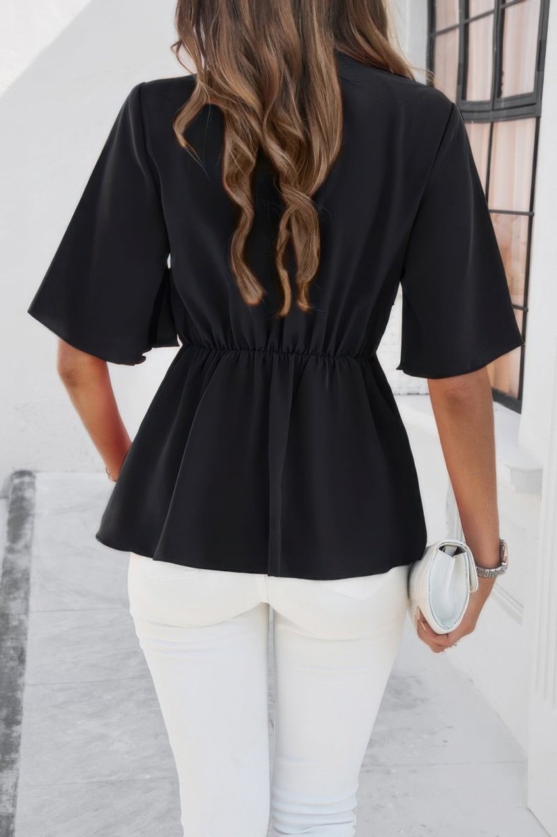 Blouse V - Neck Peplum Tie Front Short Bell Sleeve Shirt - AMVIM
