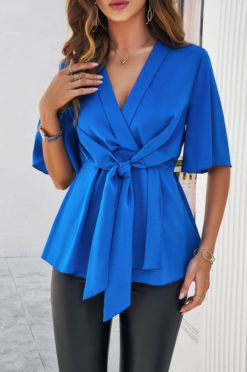 Blouse V - Neck Peplum Tie Front Short Bell Sleeve Shirt - AMVIM