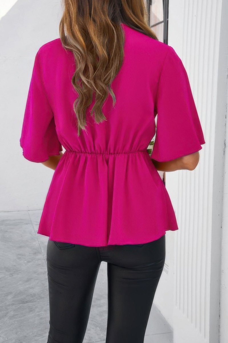 Blouse V - Neck Peplum Tie Front Short Bell Sleeve Shirt - AMVIM