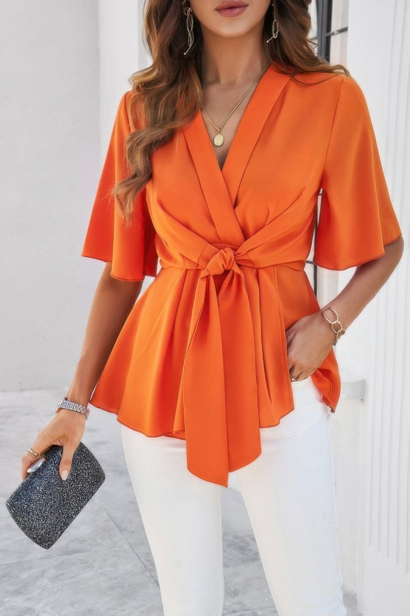 Blouse V - Neck Peplum Tie Front Short Bell Sleeve Shirt - AMVIM