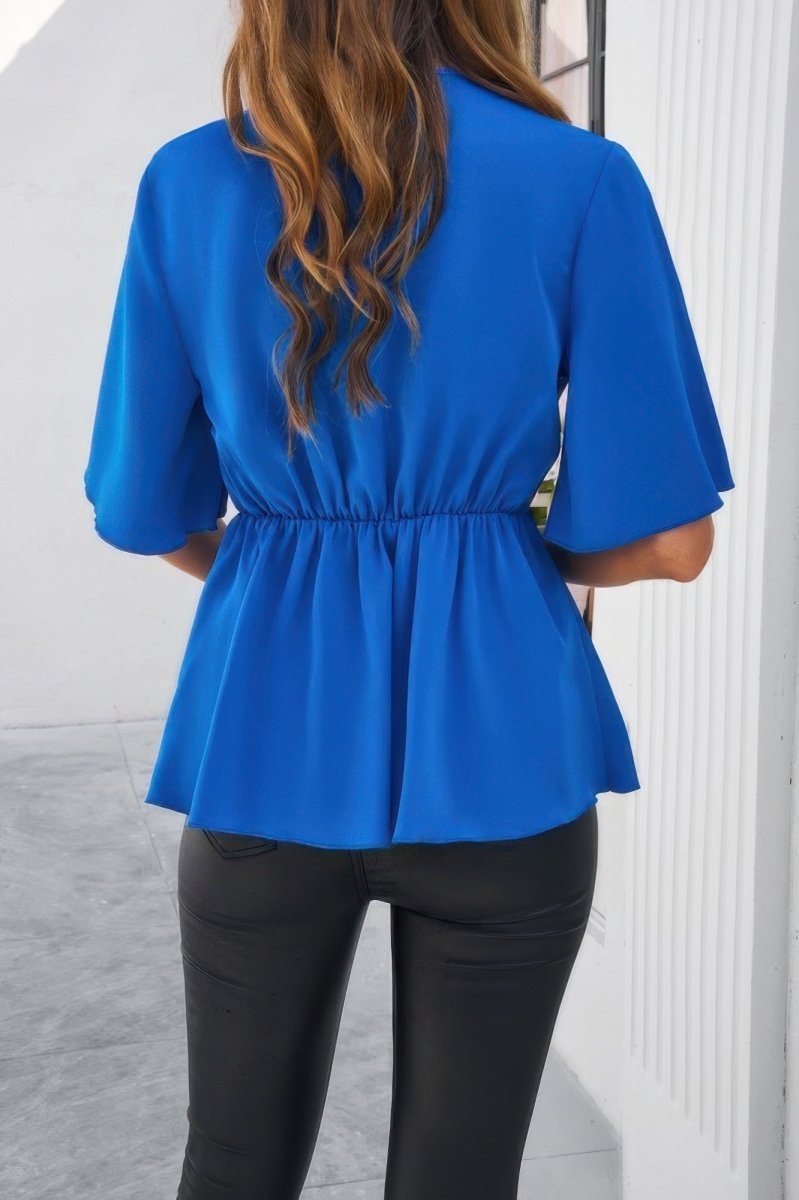 Blouse V - Neck Peplum Tie Front Short Bell Sleeve Shirt - AMVIM