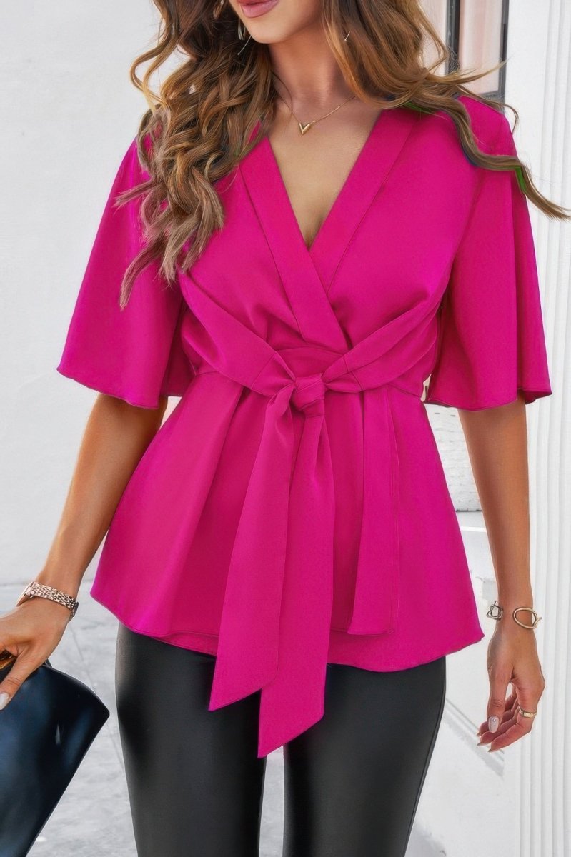 Blouse V - Neck Peplum Tie Front Short Bell Sleeve Shirt - AMVIM