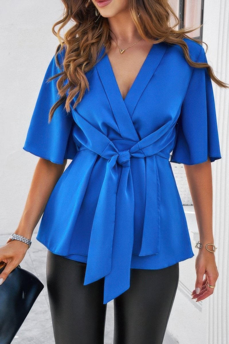 Blouse V - Neck Peplum Tie Front Short Bell Sleeve Shirt - AMVIM