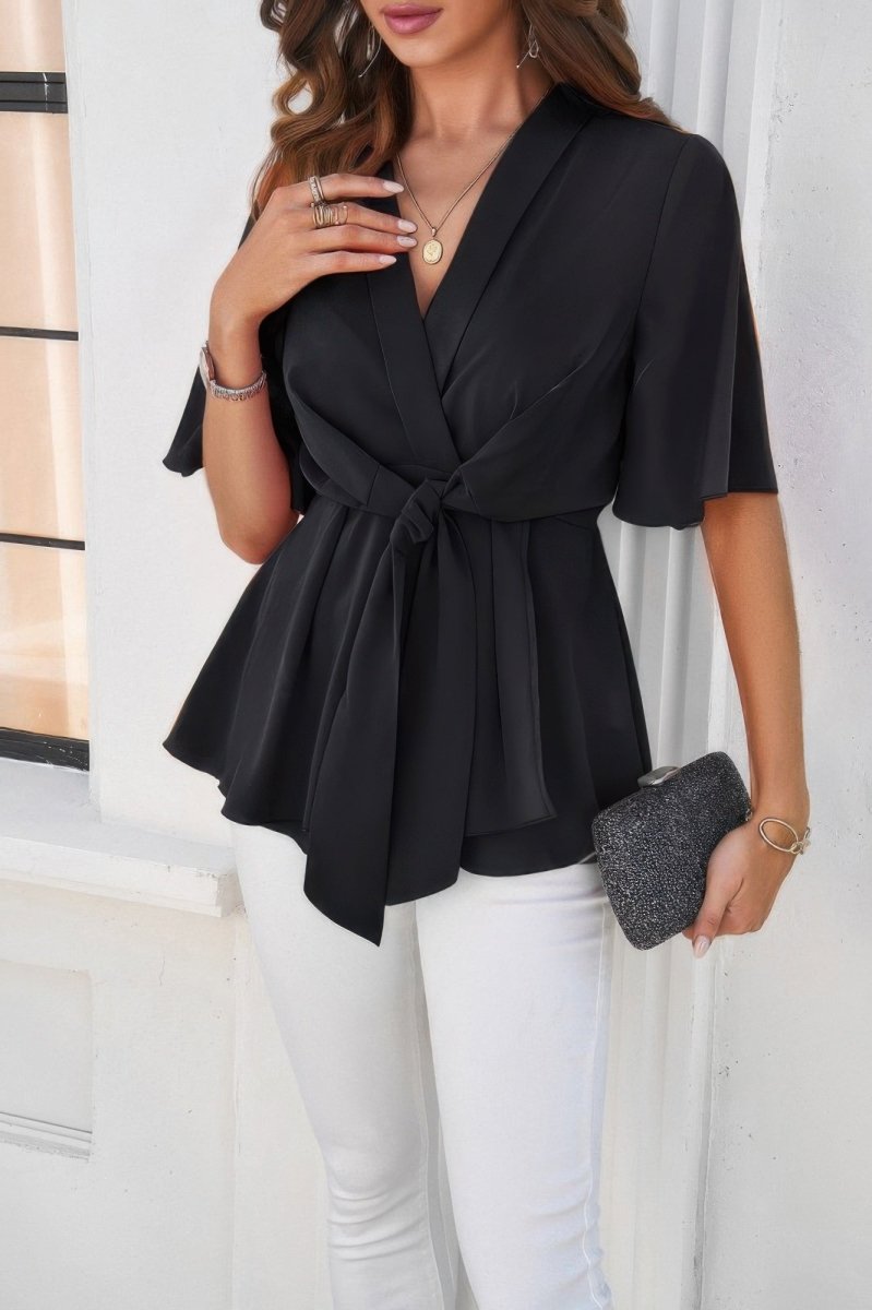 Blouse V - Neck Peplum Tie Front Short Bell Sleeve Shirt - AMVIM