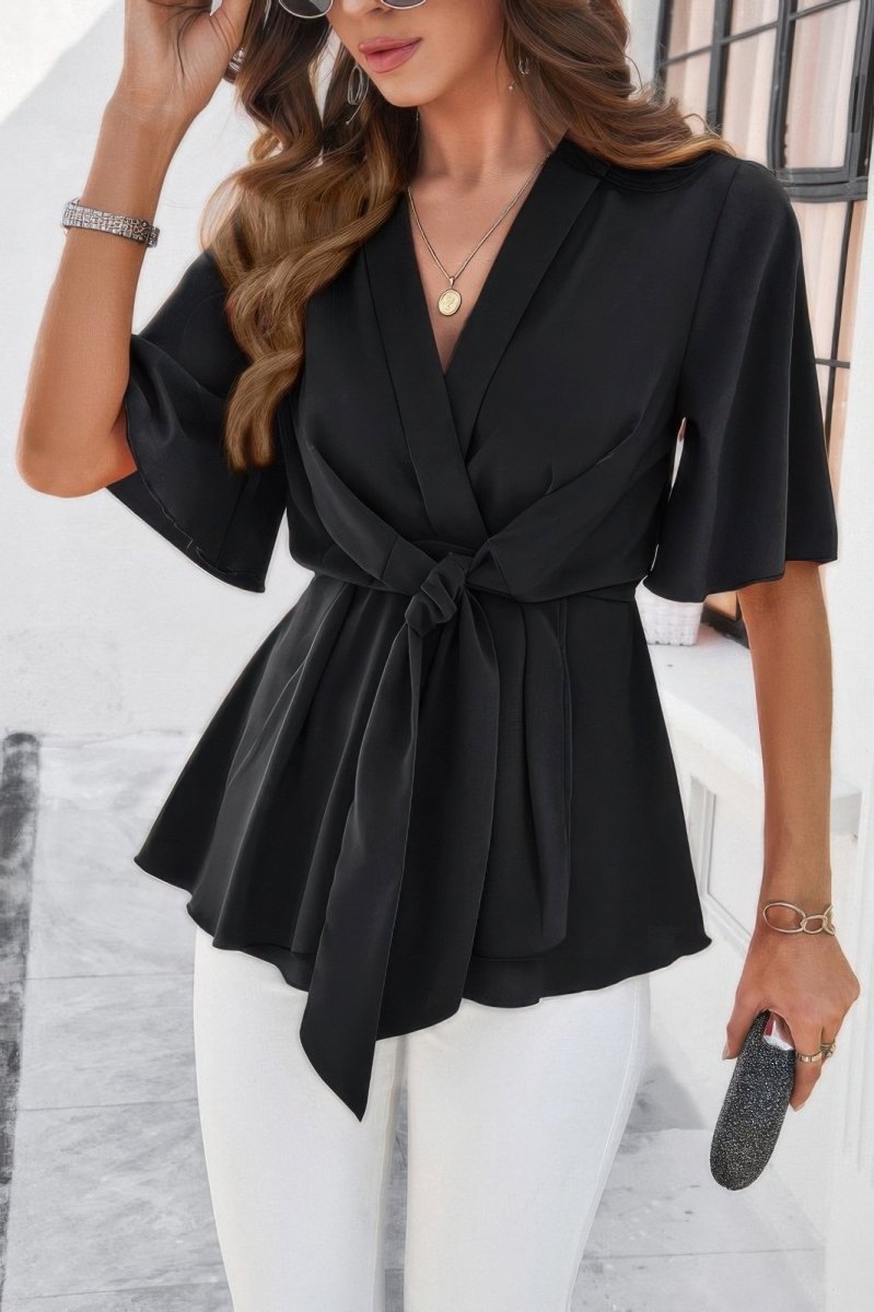 Blouse V - Neck Peplum Tie Front Short Bell Sleeve Shirt - AMVIM