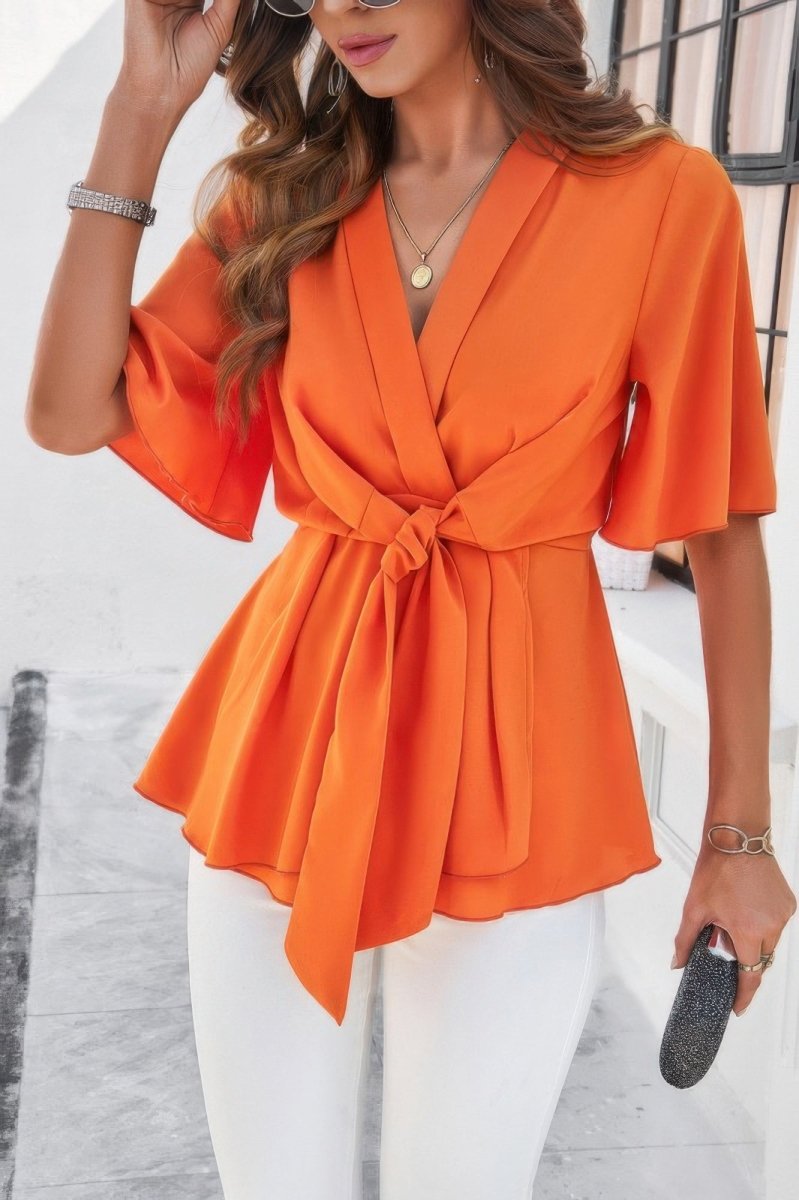 Blouse V - Neck Peplum Tie Front Short Bell Sleeve Shirt - AMVIM
