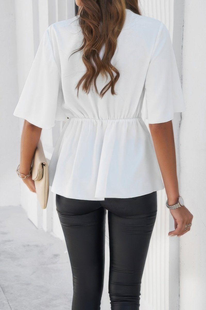Blouse V - Neck Peplum Tie Front Short Bell Sleeve Shirt - AMVIM