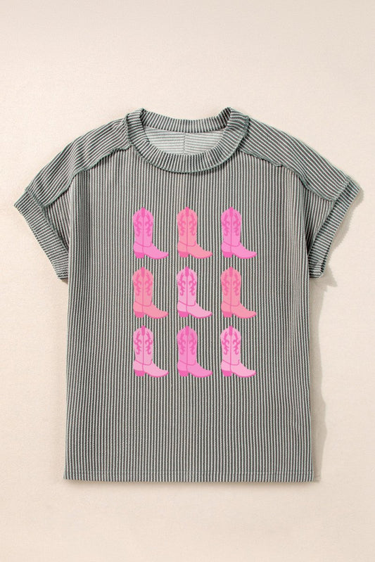 Boots Graphic Striped Round Neck Short Sleeve T - Shirt - AMVIM